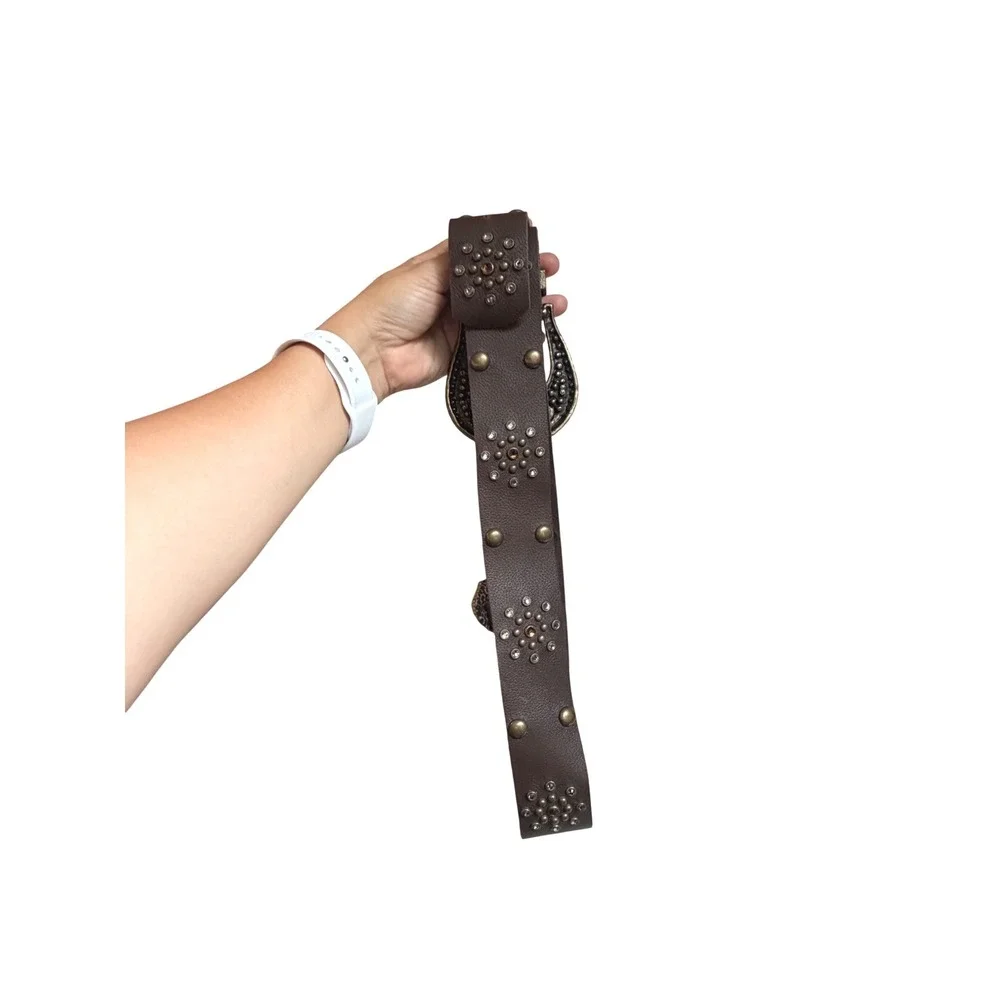 Vintage LEATHERROCK USA Brown Leather Western Rhinestone Belt Boho 41